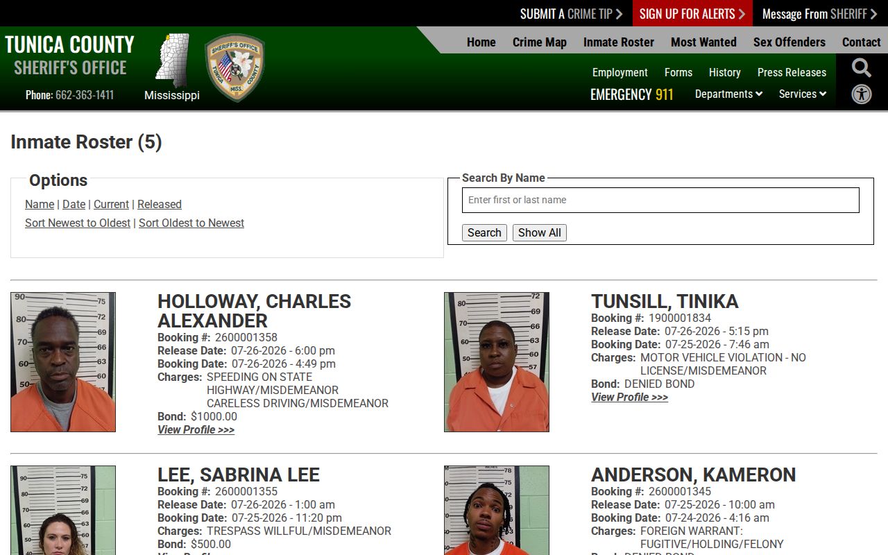 Tunica County 24-hour release records within the official 48-hour roster