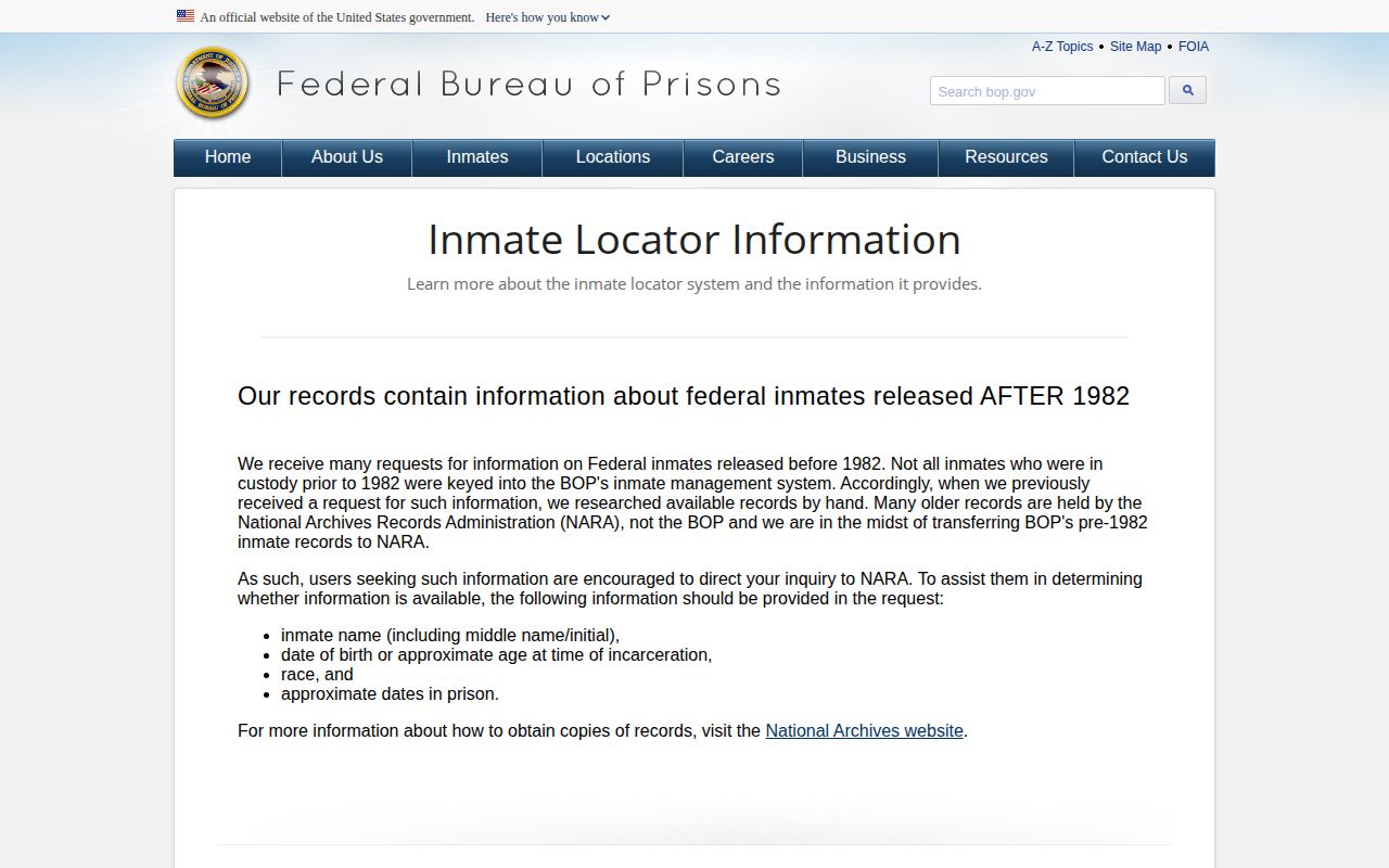 Federal Bureau of Prisons Tunica County release field definitions